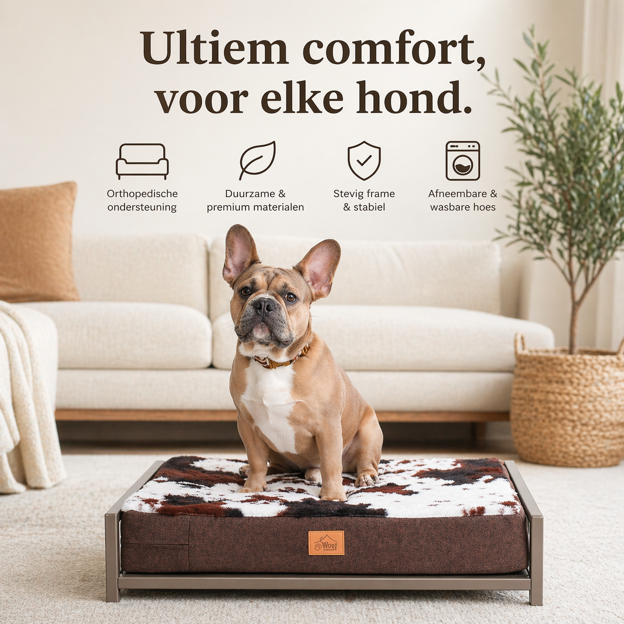 Stalen Hondenmand Taupe gepoedercoat met Koeienprint Kussen (Demo)