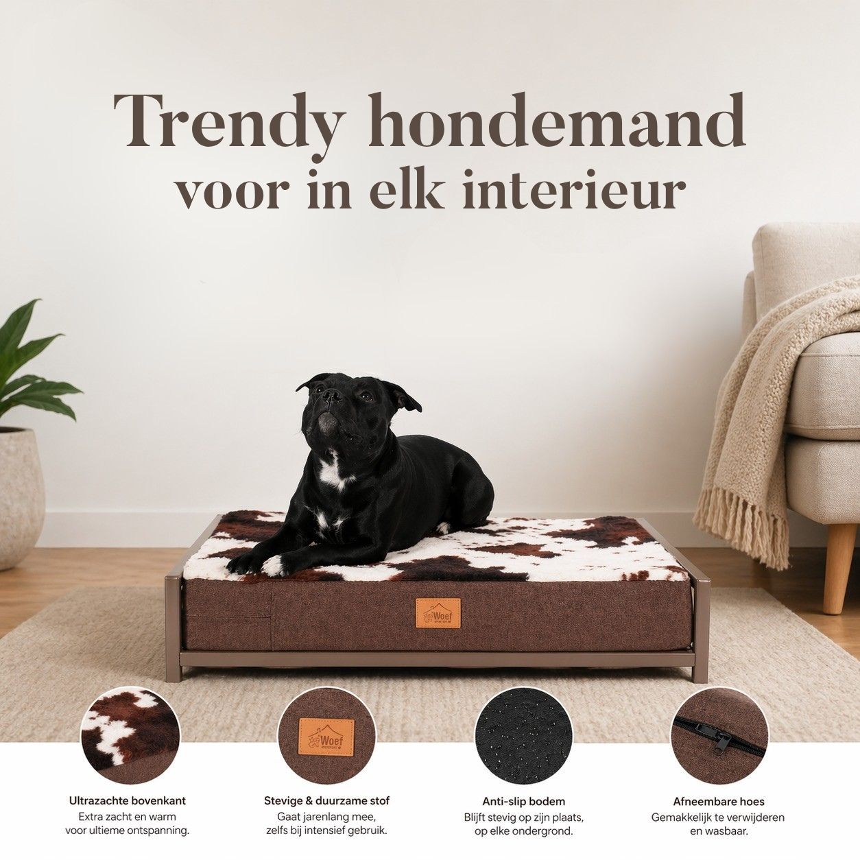 Stalen Hondenmand koffie gepoedercoat met Koeienprint Kussen (Demo)
