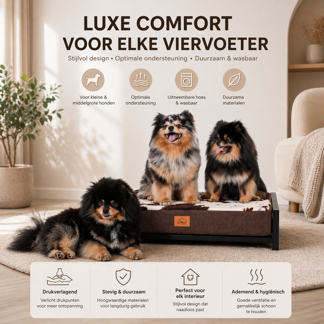Stalen Hondenmand zwart gepoedercoat met Koeienprint Kussen (Demo)