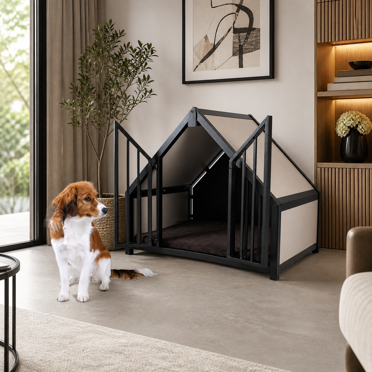 Hondenbench huisje staal en hout creme (Demo)