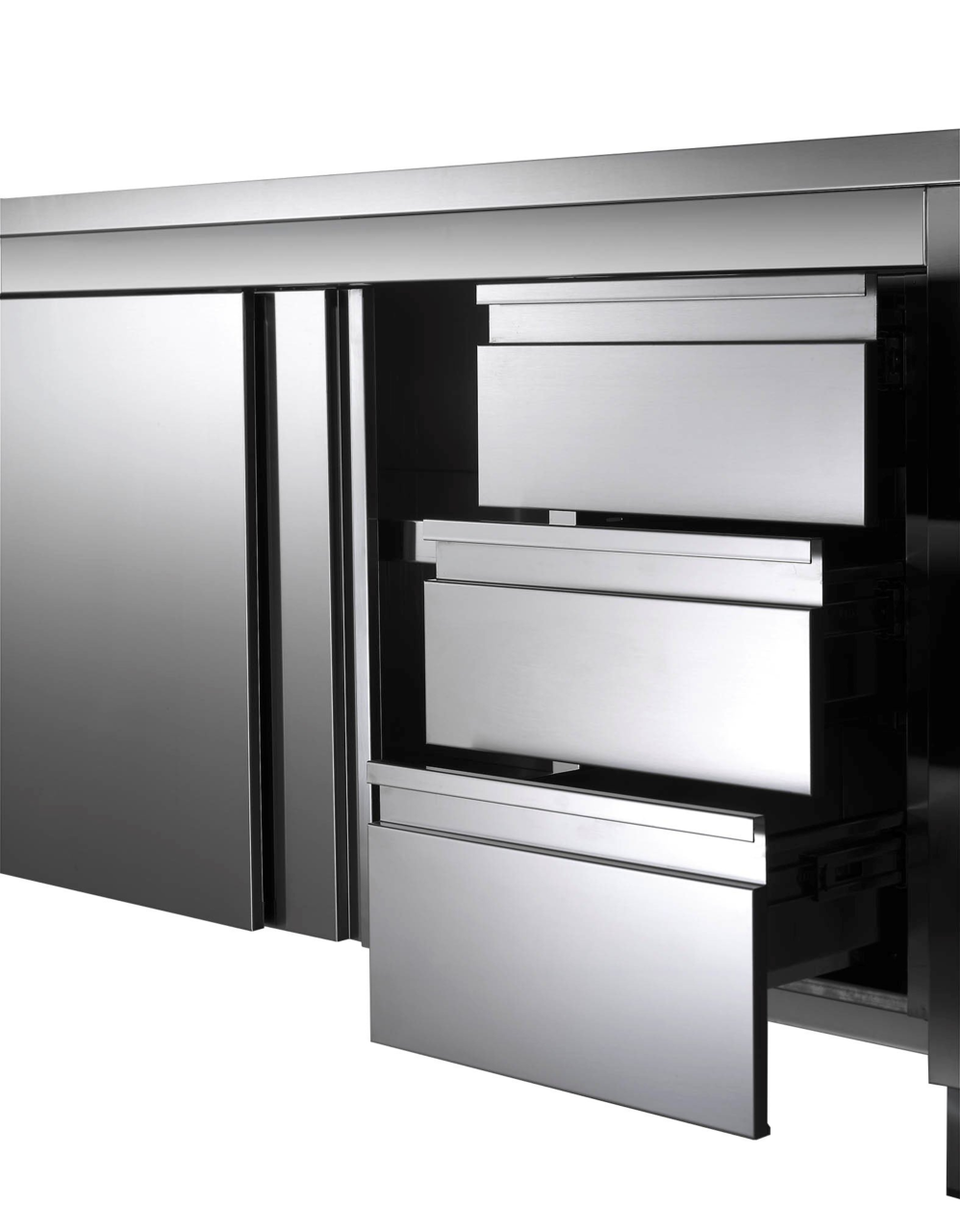 RVS-werkkast ECO met twee schuifdeuren en 3 laden 20x7