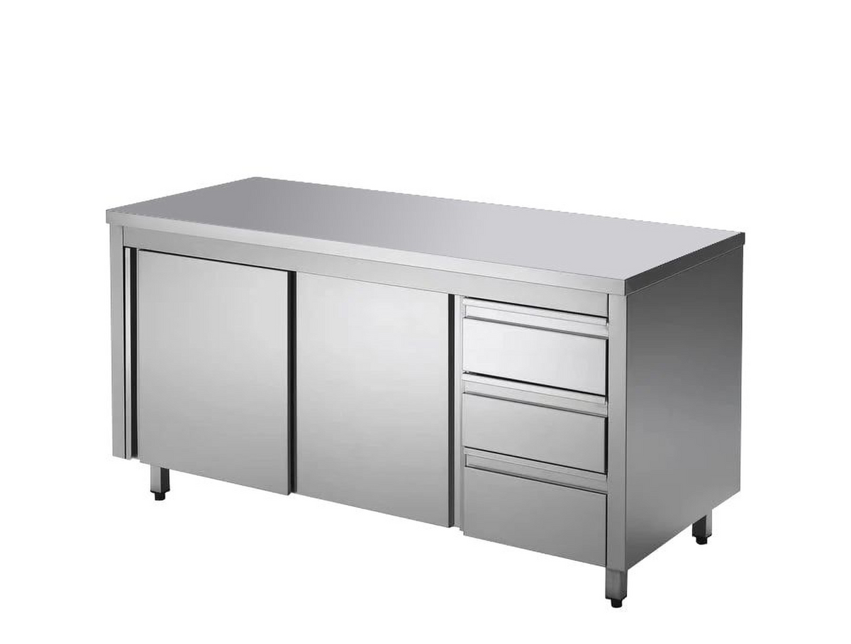 RVS-werkkast ECO met twee schuifdeuren en 3 laden 20x7